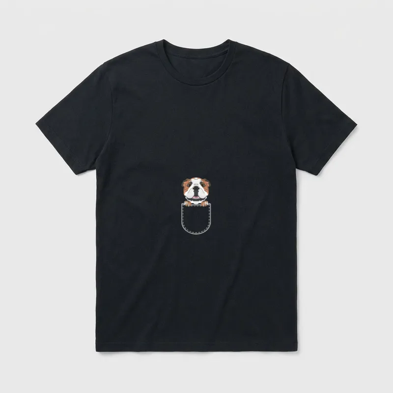 Englische Bulldogge T-Shirt 0125 – Bulldoggengesicht schaut aus weißer Umriss-Tasche – Klassisches T-Shirt in Schwarz
