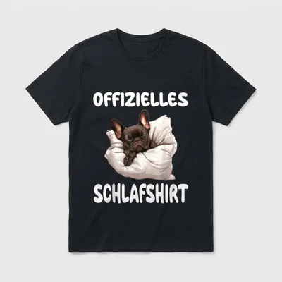 T-Shirt Co – Schlafender French Bulldogge in weißem Kissen mit Schriftzug – Klassisches T-Shirt in Schwarz