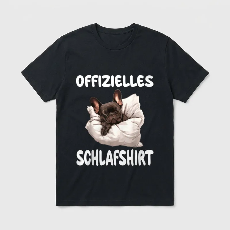 T-Shirt Co – Schlafender French Bulldogge in weißem Kissen mit Schriftzug – Klassisches T-Shirt in Schwarz