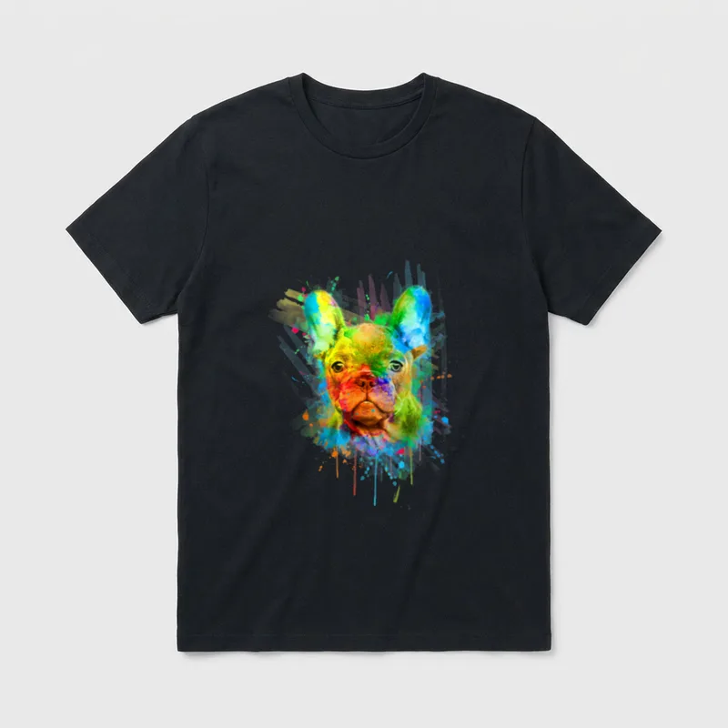 Süße Französische Bulldogge T-Shirt 0030 – Bunte Aquarell-Bulldogge mit Farbspritzern – Klassisches T-Shirt in Schwarz