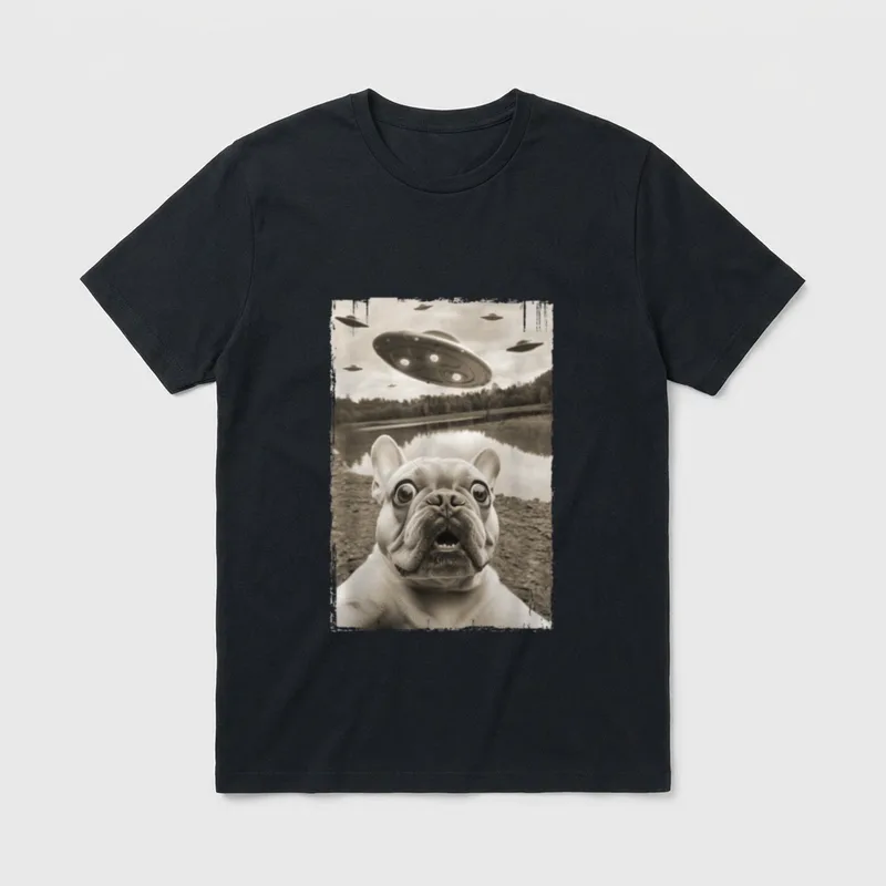 Französische Bulldogge und UFO T-Shirt – Klassisches T-Shirt in Schwarz