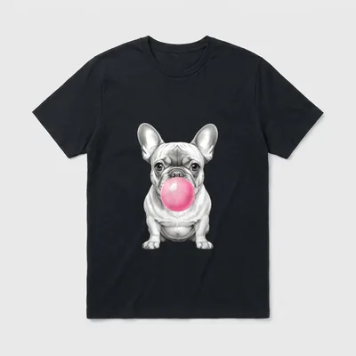 Pink Kaugummi Ballon Französische T-Shirt – Bulldogge bläst pinken Kaugummiballon – Klassisches T-Shirt in Schwarz
