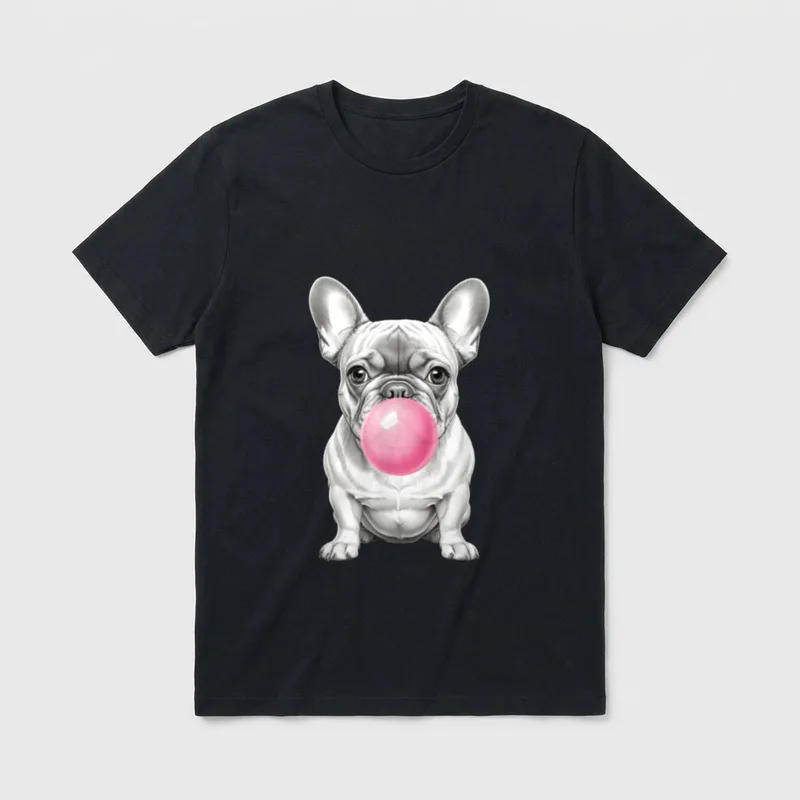Pink Kaugummi Ballon Französische T-Shirt – Bulldogge bläst pinken Kaugummiballon – Klassisches T-Shirt in Schwarz