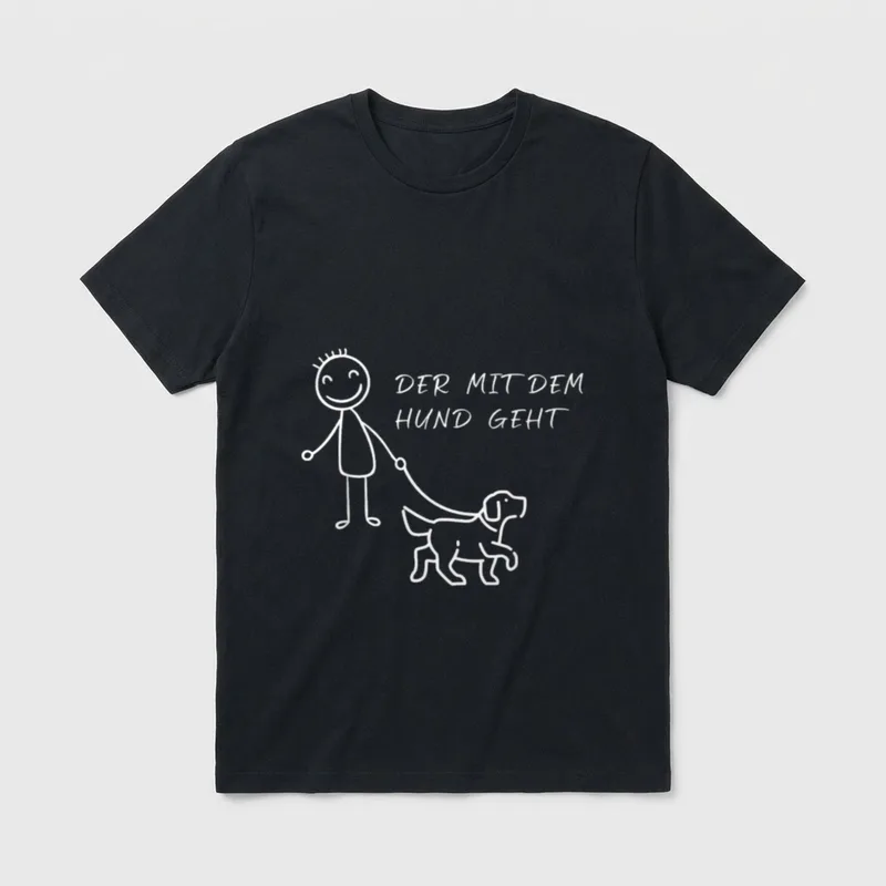 Der mit dem Hund T-Shirt 0024 – Strichfigur mit Hund und Text DER MIT DEM HUND GEHT – Klassisches T-Shirt in Schwarz