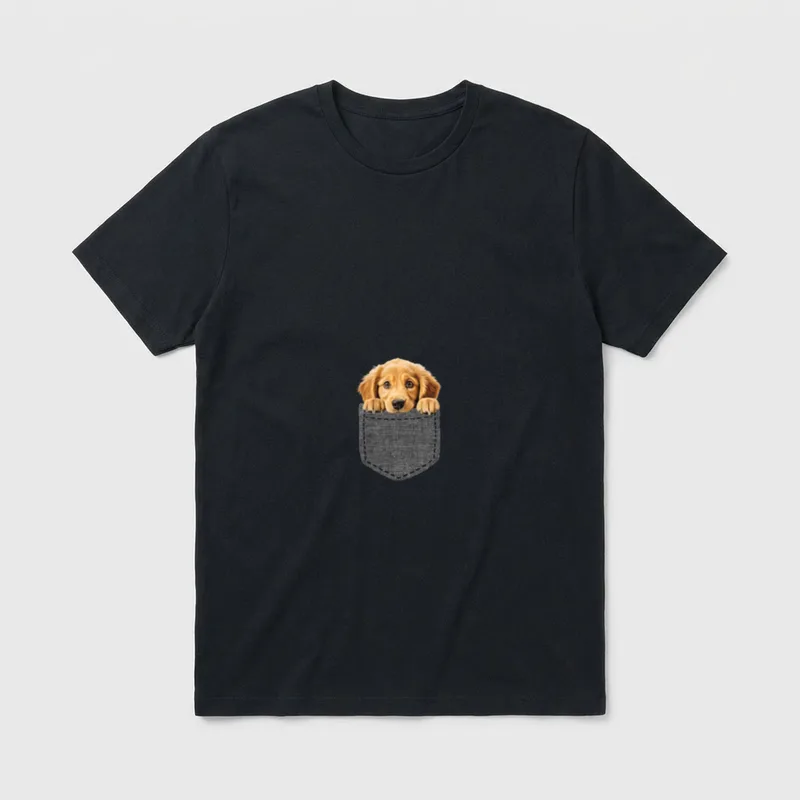 Golden Retriever Hund T-Shirt 0051 – Goldener Retriever Welpenkopf in grauer Jeans pocket – Klassisches T-Shirt in Schwarz