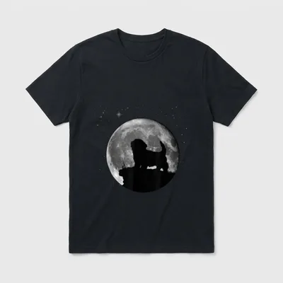Havaneser Hunde T-Shirt – Hunde-Silhouette vor Vollmond und Sternenfeld in Schwarz-Weiß – Klassisches T-Shirt in Schwarz