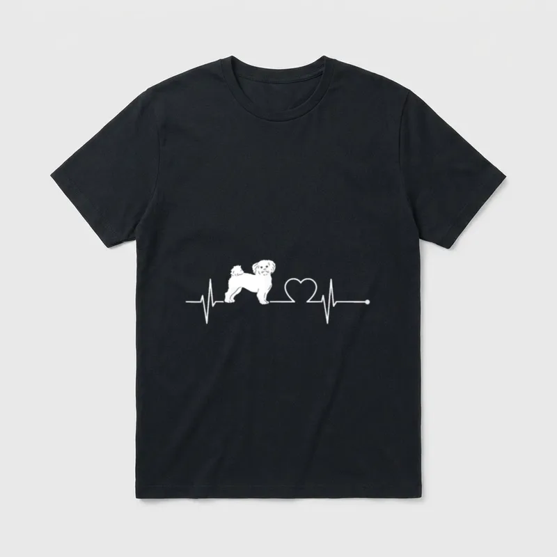 Bolonka Zwetna Hund Herzschlag T-Shirt – Weiße EKG-Linie mit Flauschhund und Herzform – Klassisches T-Shirt in Schwarz