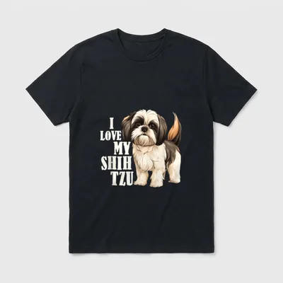 Shih Tzu Mom I T-Shirt – Illustration eines Shih Tzu neben dem Schriftzug I Love My Shih Tzu – Klassisches T-Shirt in Schwarz
