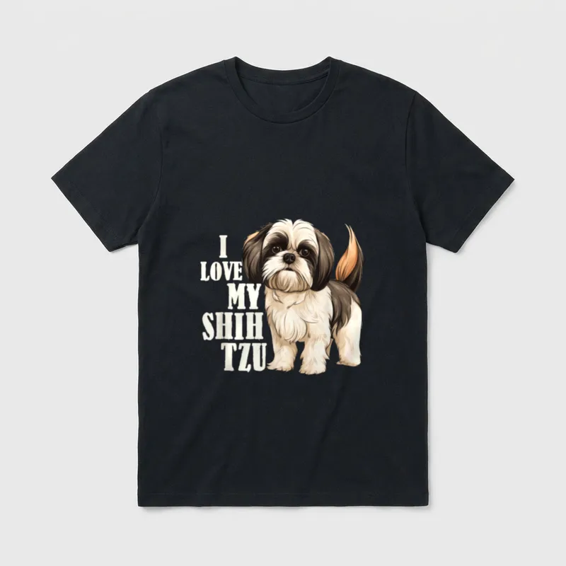 Shih Tzu Mom I T-Shirt – Illustration eines Shih Tzu neben dem Schriftzug I Love My Shih Tzu – Klassisches T-Shirt in Schwarz