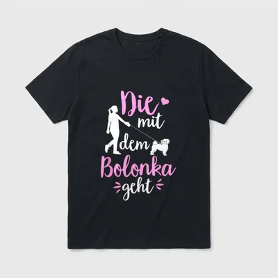 Die Mit Dem Bolonka T-Shirt – Frauensilhouette mit weißem Bolonka und pink-weißer Schrift – Klassisches T-Shirt in Schwarz