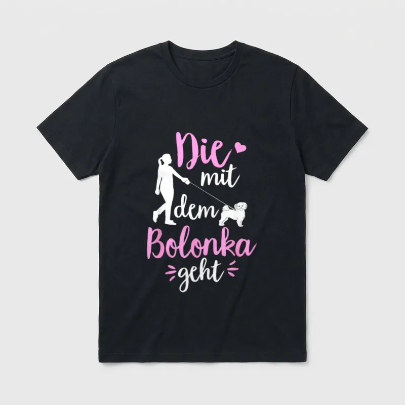 Die Mit Dem Bolonka T-Shirt – Frauensilhouette mit weißem Bolonka und pink-weißer Schrift – Klassisches T-Shirt in Schwarz