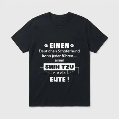 Shih Tzu Shih Tzu T-Shirt – Schriftzug Shih Tzu Elite neben Pfotenabdruck auf grauem Grund – Klassisches T-Shirt in Schwarz