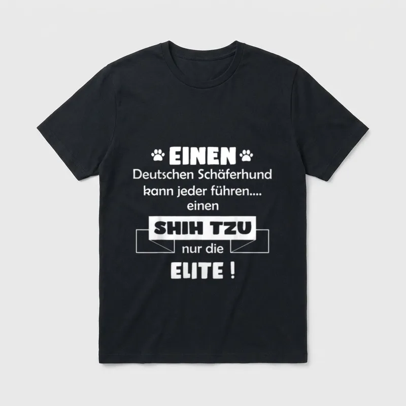 Shih Tzu Shih Tzu T-Shirt – Schriftzug Shih Tzu Elite neben Pfotenabdruck auf grauem Grund – Klassisches T-Shirt in Schwarz