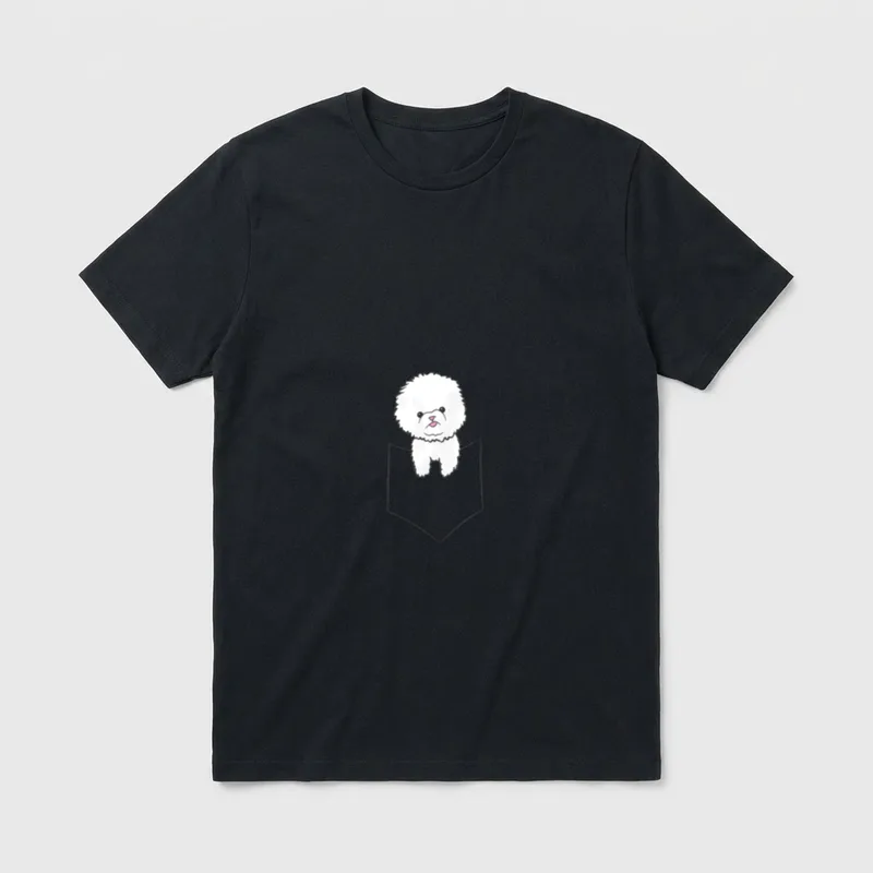 Bichon Frise Hund T-Shirt – Weißer Bichon Frise Welpen mit rosa Nase in einer Umrisstasche – Klassisches T-Shirt in Schwarz