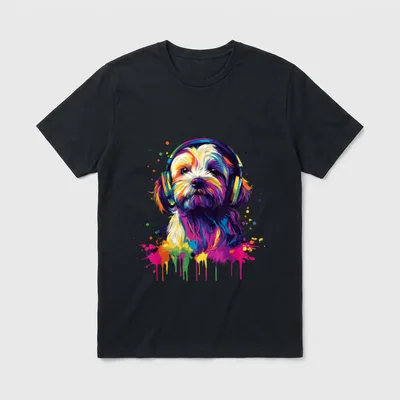 Havaneser Lover Pop Art T-Shirt – Bunter Havaneser-Hund mit Kopfhörern im Pop-Art-Sprühstil – Klassisches T-Shirt in Schwarz