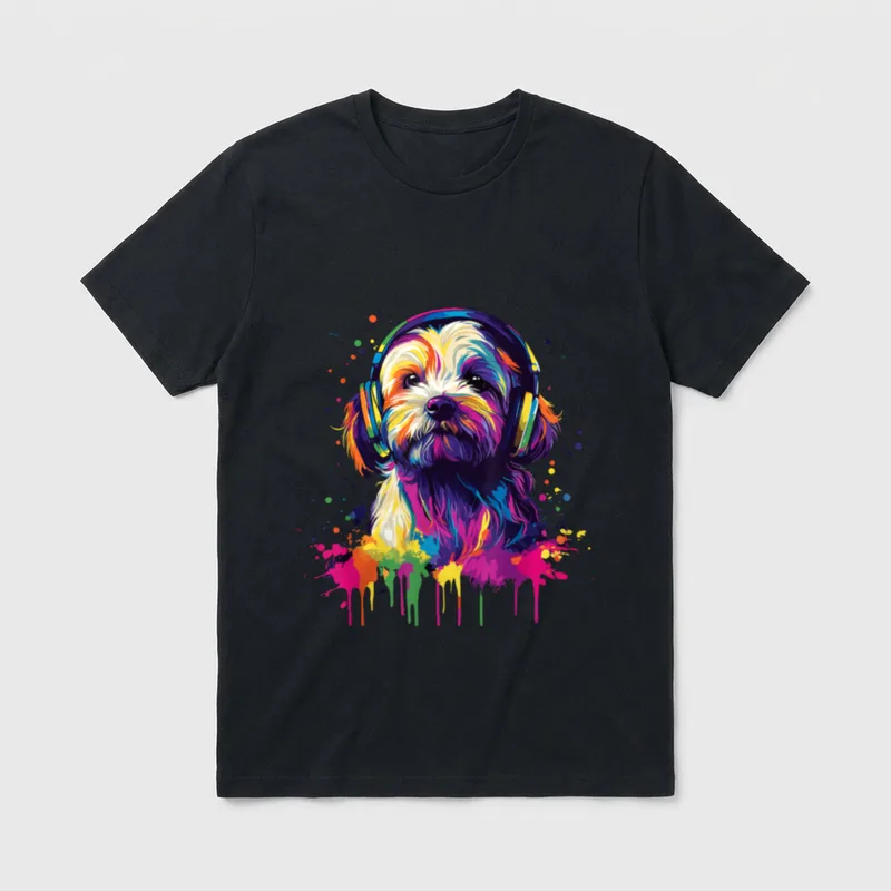 Havaneser Lover Pop Art T-Shirt – Bunter Havaneser-Hund mit Kopfhörern im Pop-Art-Sprühstil – Klassisches T-Shirt in Schwarz