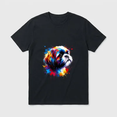 Bunte Splash Art Shih T-Shirt – Farbiger Shih Tzu Kopf mit blauen und roten Farbspritzern – Klassisches T-Shirt in Schwarz