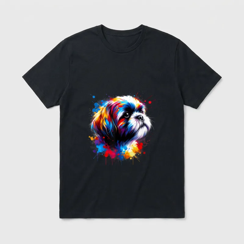 Bunte Splash Art Shih T-Shirt – Farbiger Shih Tzu Kopf mit blauen und roten Farbspritzern – Klassisches T-Shirt in Schwarz