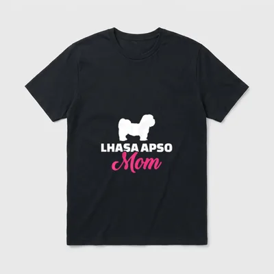 Lhasa Apso Mama T-Shirt – Weiße Lhasa Apso Silhouette mit pinker Mom Schrift – Klassisches T-Shirt in Schwarz