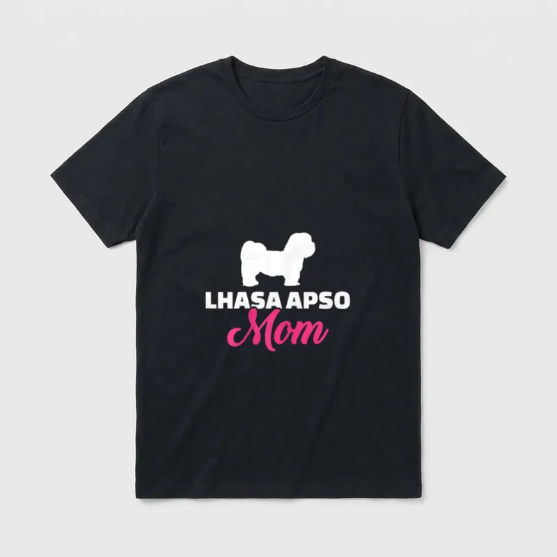 Lhasa Apso Mama T-Shirt – Weiße Lhasa Apso Silhouette mit pinker Mom Schrift – Klassisches T-Shirt in Schwarz