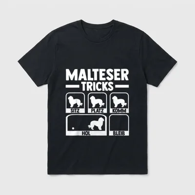 Malteser Hund T-Shirt 0130 – Malteser Tricks Poster mit Silhouetten und Befehlen – Klassisches T-Shirt in Schwarz