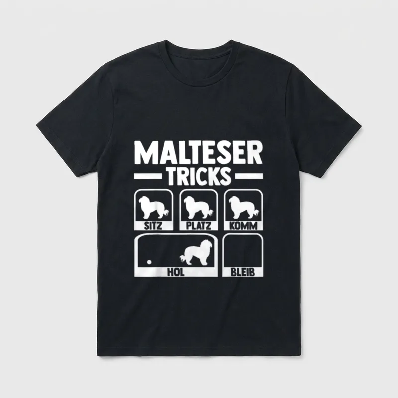 Malteser Hund T-Shirt 0130 – Malteser Tricks Poster mit Silhouetten und Befehlen – Klassisches T-Shirt in Schwarz