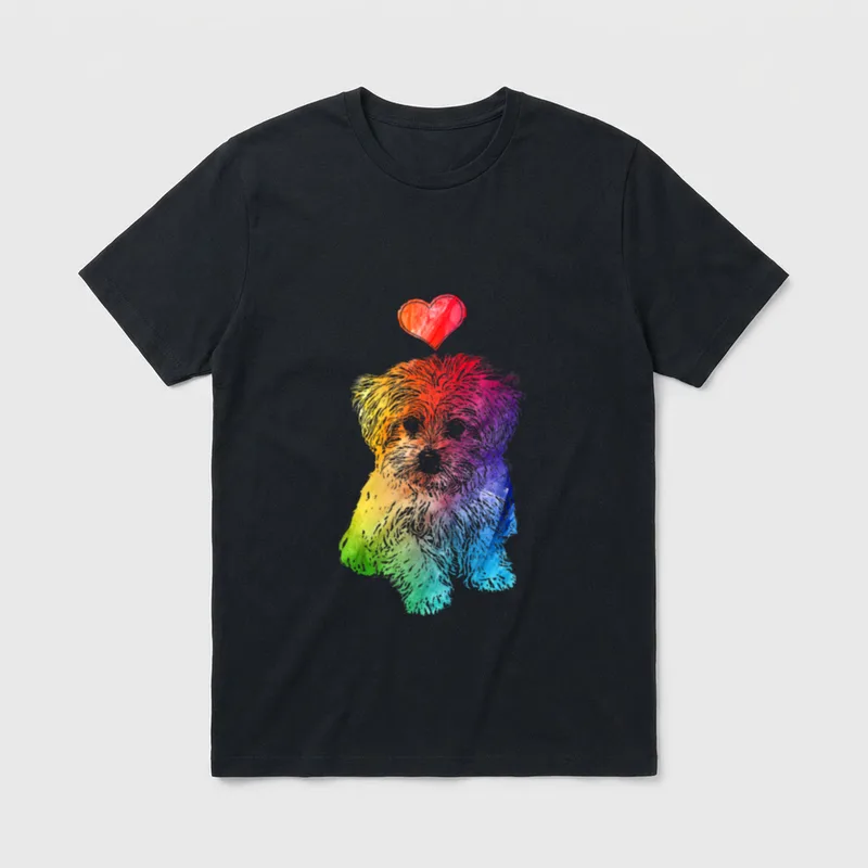 mit Malteser Hundemotiv Farbverlauf Herz T-Shirt – Bunter Malteser-Hund mit Herz-Farbverlauf – Klassisches T-Shirt in Schwarz