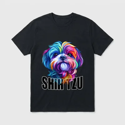 Shih Tzu Hundegesicht bunt T-Shirt – Buntes Shih Tzu Porträt mit Schriftzug SHIH TZU – Klassisches T-Shirt in Schwarz