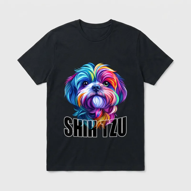 Shih Tzu Hundegesicht bunt T-Shirt – Buntes Shih Tzu Porträt mit Schriftzug SHIH TZU – Klassisches T-Shirt in Schwarz