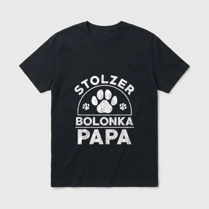 Stolzer Bolonka Papa Hundeliebhaber T-Shirt – Weiße Pfotenabdrücke und Text auf grauem Grund – Klassisches T-Shirt in Schwarz