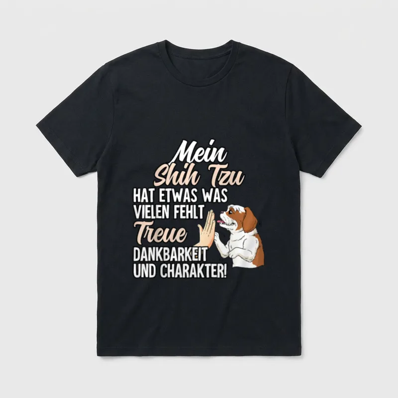 Shih Tzu T-Shirt 0195 – High Five Shih Tzu Illustration mit Text über Treue und Charakter – Klassisches T-Shirt in Schwarz