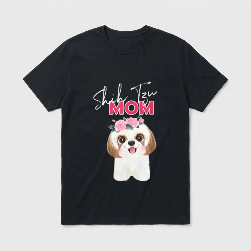 Shih Tzu Dog Mom T-Shirt – Shih Tzu Illustration mit rosa Rosenkranz und Schriftzug – Klassisches T-Shirt in Schwarz