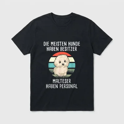 Die Meisten Hunde Haben T-Shirt – Flauschiger Malteser vor buntem Retro-Kreis mit Text – Klassisches T-Shirt in Schwarz