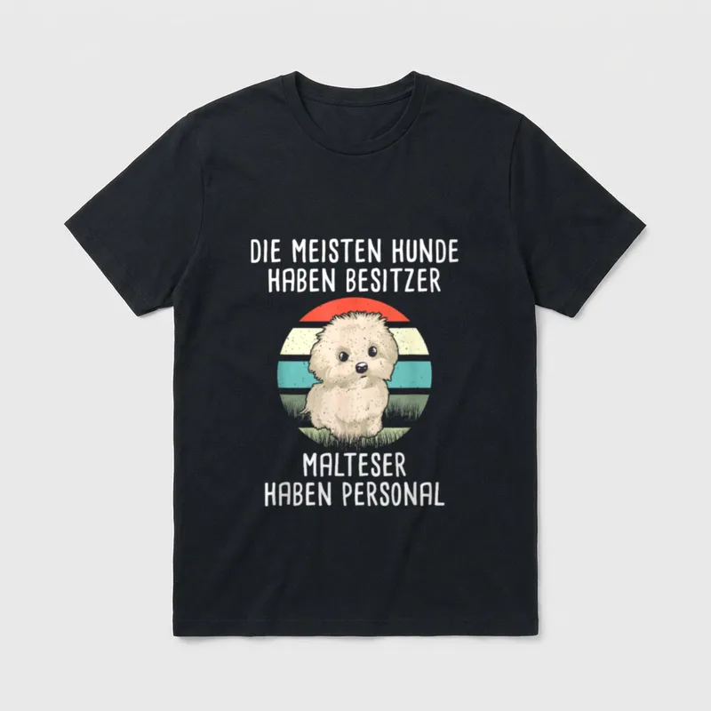 Die Meisten Hunde Haben T-Shirt – Flauschiger Malteser vor buntem Retro-Kreis mit Text – Klassisches T-Shirt in Schwarz