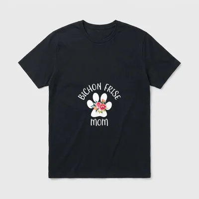 Bichon Frise Mom T-Shirt – Weiße Pfote mit rosa Rosen und Text BICHON FRISE mom – Klassisches T-Shirt in Schwarz