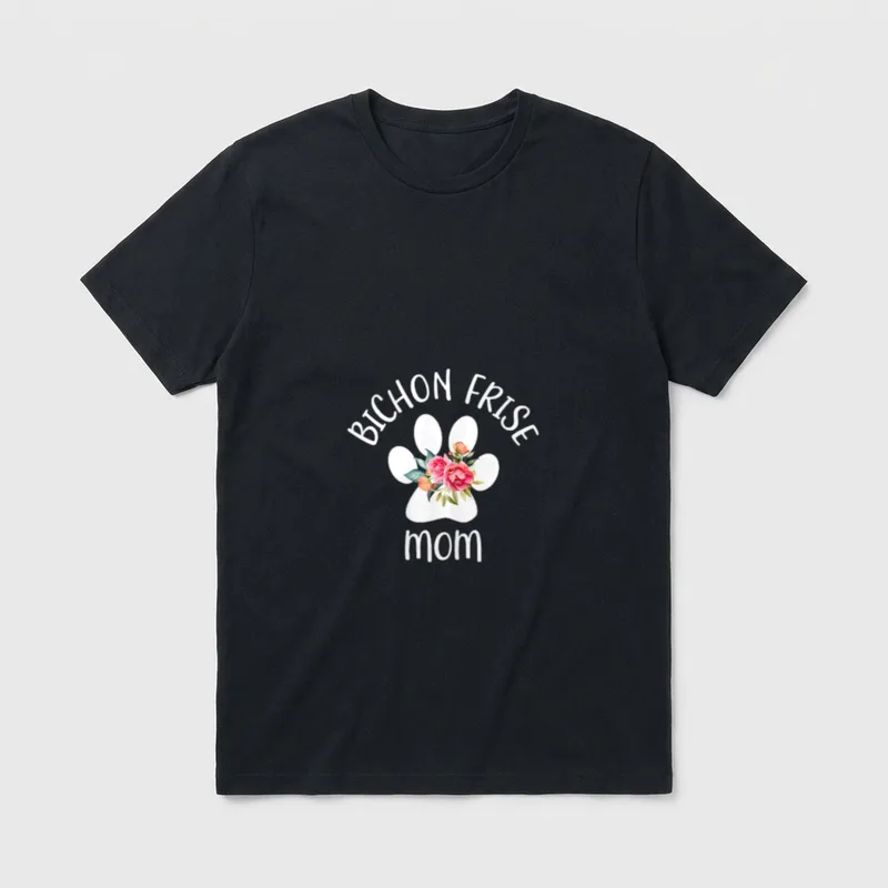 Bichon Frise Mom T-Shirt – Weiße Pfote mit rosa Rosen und Text BICHON FRISE mom – Klassisches T-Shirt in Schwarz