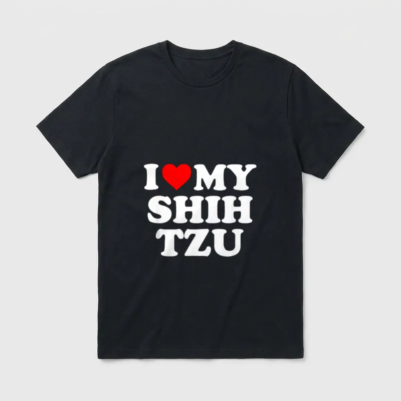 Shih Tzu T I T-Shirt – Schriftzug I Love My Shih Tzu mit rotem Herz Symbol – Klassisches T-Shirt in Schwarz