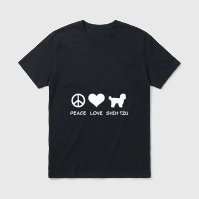 Peace Love Shih Tzu T-Shirt – Weiße Peace-Sign, Herzform und Shih Tzu Silhouette mit Text – Klassisches T-Shirt in Schwarz