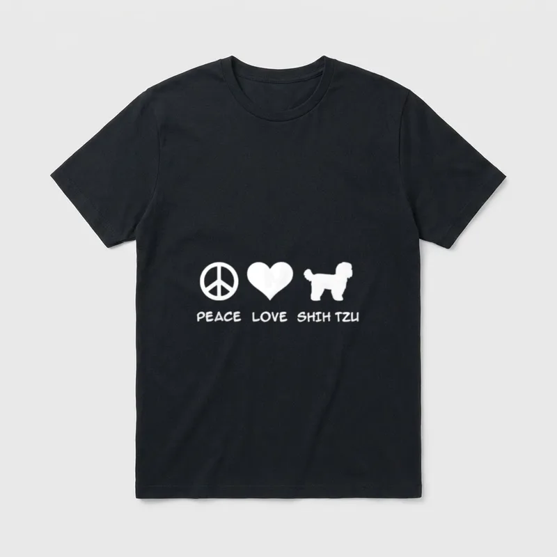 Peace Love Shih Tzu T-Shirt – Weiße Peace-Sign, Herzform und Shih Tzu Silhouette mit Text – Klassisches T-Shirt in Schwarz