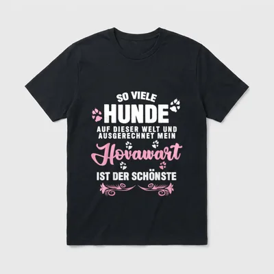 Hovawart T-Shirt 0024 – Pink-weißer Schriftzug mit Pfotenabdrücken und Hovavart Text – Klassisches T-Shirt in Schwarz
