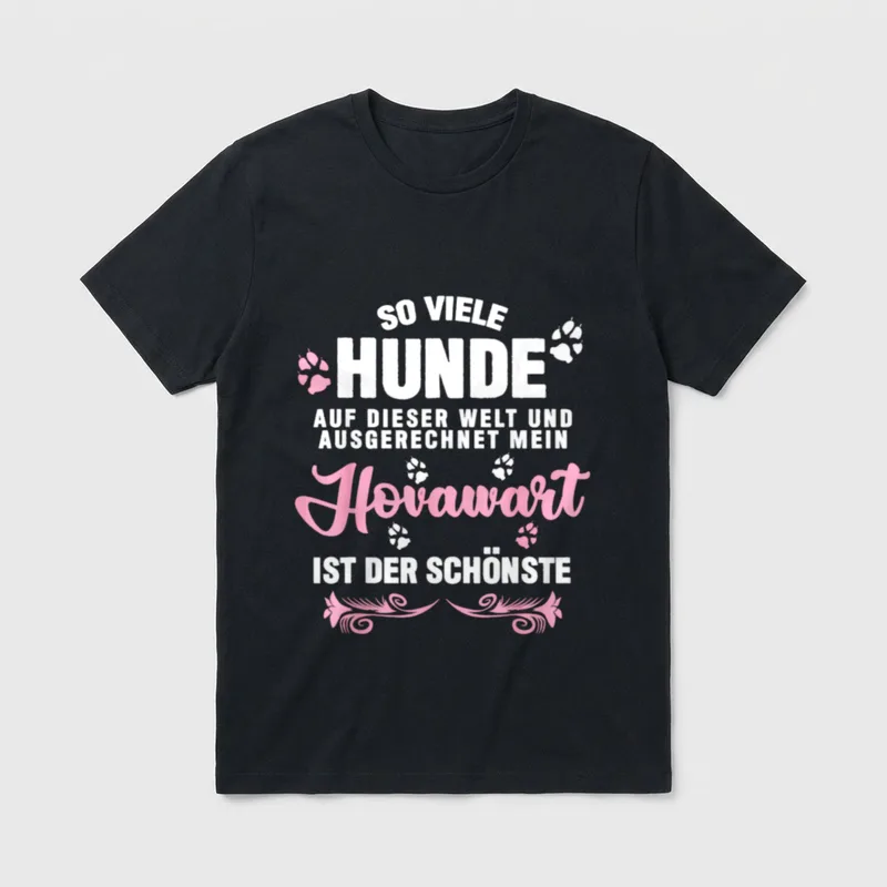Hovawart T-Shirt 0024 – Pink-weißer Schriftzug mit Pfotenabdrücken und Hovavart Text – Klassisches T-Shirt in Schwarz