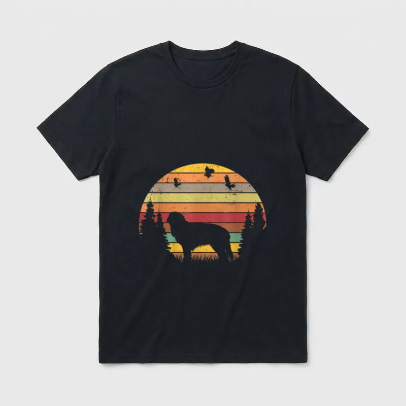 Hovawart Retro T-Shirt – Retro Hovawart Silhouette vor buntem Sunset mit Fliegern und Bäumen – Klassisches T-Shirt in Schwarz