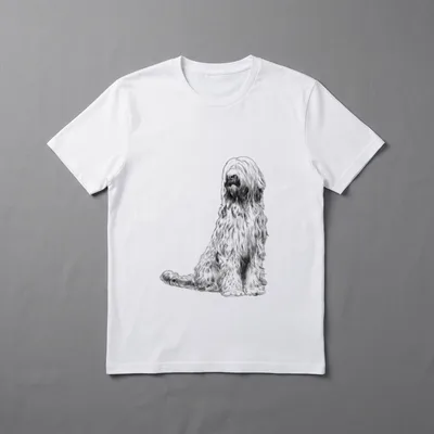 Hund Briard T-Shirt – Sitzender Briard Hund in Schwarz-Weiß Strichzeichnung – Klassisches T-Shirt in Schwarz