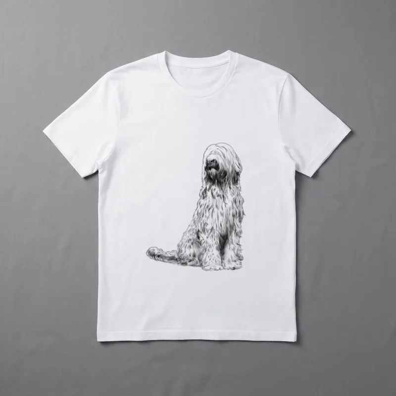 Hund Briard T-Shirt – Sitzender Briard Hund in Schwarz-Weiß Strichzeichnung – Klassisches T-Shirt in Schwarz