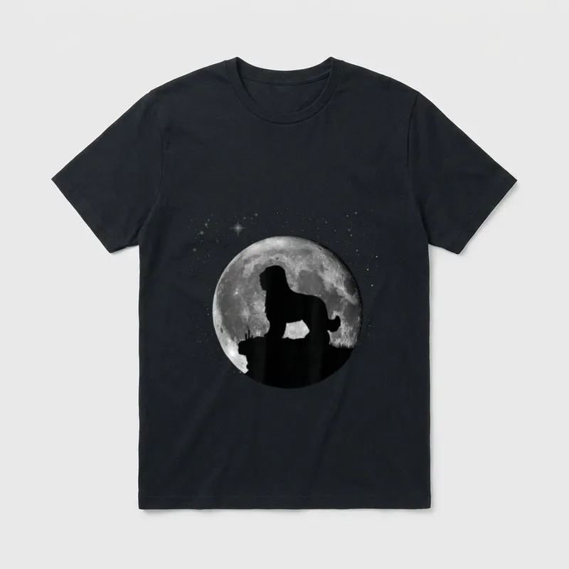 Briard Hunde T-Shirt 0023 – Hundesilhouette vor einem großen Vollmond mit Sternenhimmel – Klassisches T-Shirt in Schwarz