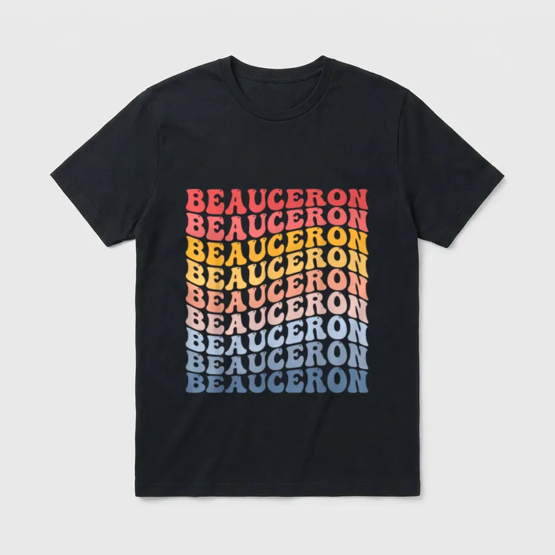 Beauceron Groovy Retro T-Shirt – Bunte BEAUCERON Schrift in Retro-Wellenform – Klassisches T-Shirt in Schwarz