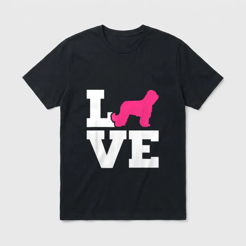 Briard Liebe T-Shirt – Weißer LOVE-Text mit pinkem Briard-Hundesilhouette – Klassisches T-Shirt in Schwarz