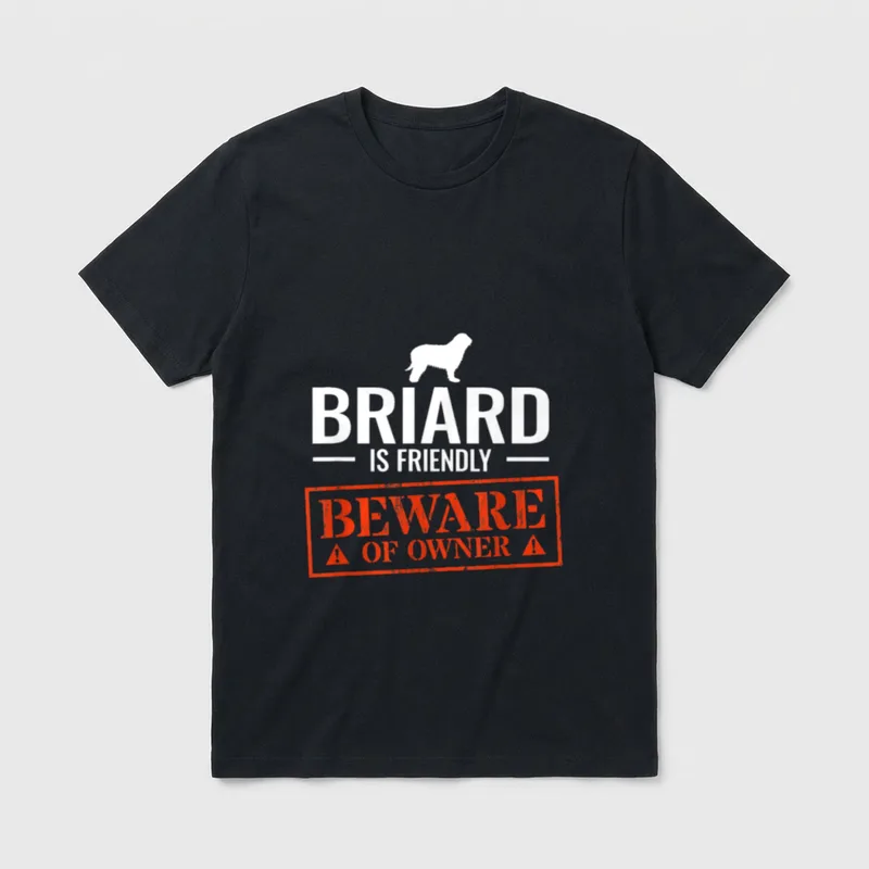 Briard T-Shirt 0072 – Briard Hund Silhouette mit Warning Stempel Beware of Owner – Klassisches T-Shirt in Schwarz