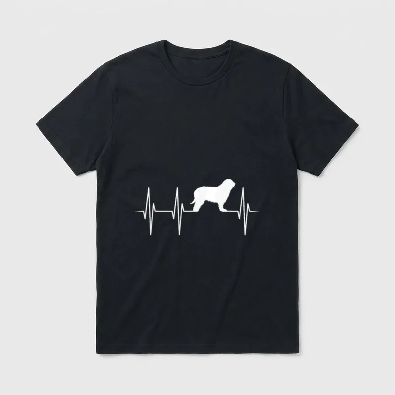 Briard T-Shirt 0073 – Weiße Briard-Silhouette integriert in einen Elektrokardiogramm-Strich – Klassisches T-Shirt in Schwarz
