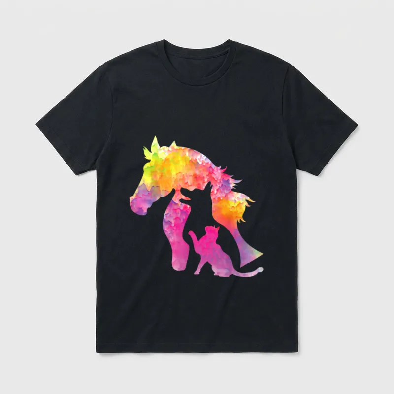 Hund Katze Pferd Design T-Shirt – Bunte Wasserfarben-Silhouetten von Pferd, Katze und Hund – Klassisches T-Shirt in Schwarz